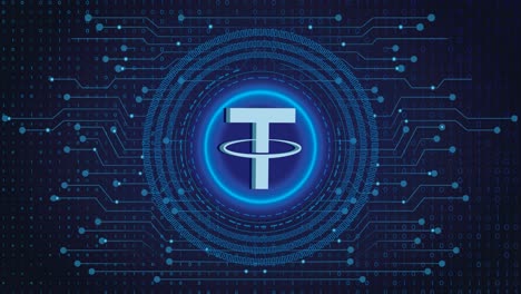 Tether-Coin-Crypto-Blockchain-Criptomoneda-Cifrado-Digital,-Intercambio-De-Dinero-Digital,-Conexiones-De-Red-Global-De-Tecnología-En-Un-Concepto-De-Fondo-Azul