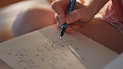 closeup hand writing diary in golden sunlight. unknown romantic girl make notes