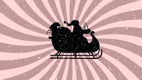 digital animation of snow falling over black silhouette of santa claus and gift sack in sleigh