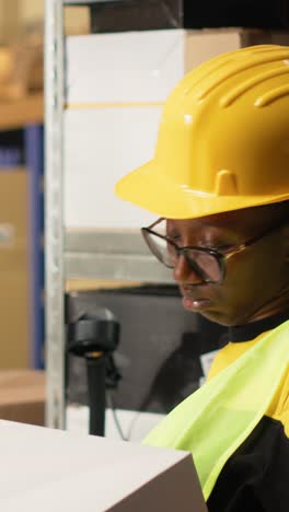 vertical video black woman verifying barcodes and shipment details on labels and software