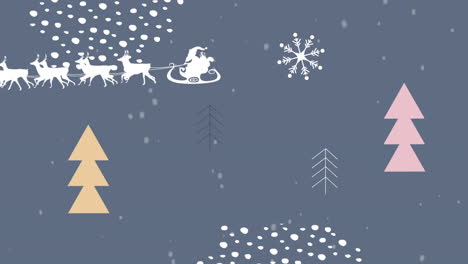 animation of fir trees and santa in sleigh with reindeer on blue background