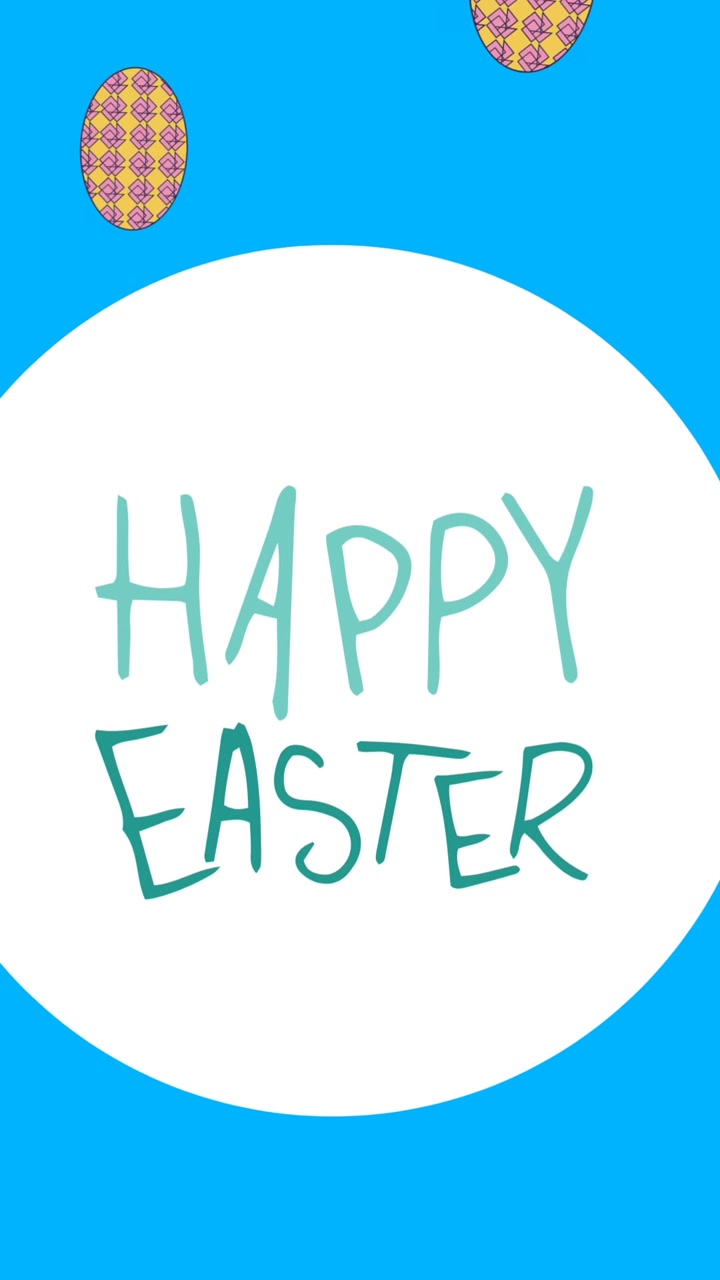 Animation of happy easter in circle over easter eggs floating on blue background