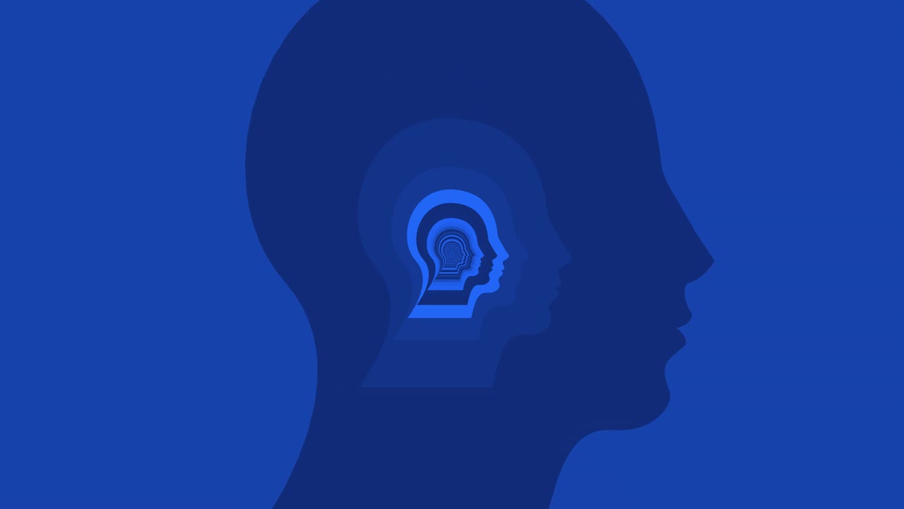 Animazione a tunnel composta da testa umana, intelligenza artificiale, loop infinito