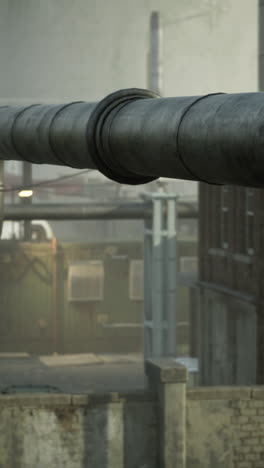 rusty pipes and a brick building in an industrial area