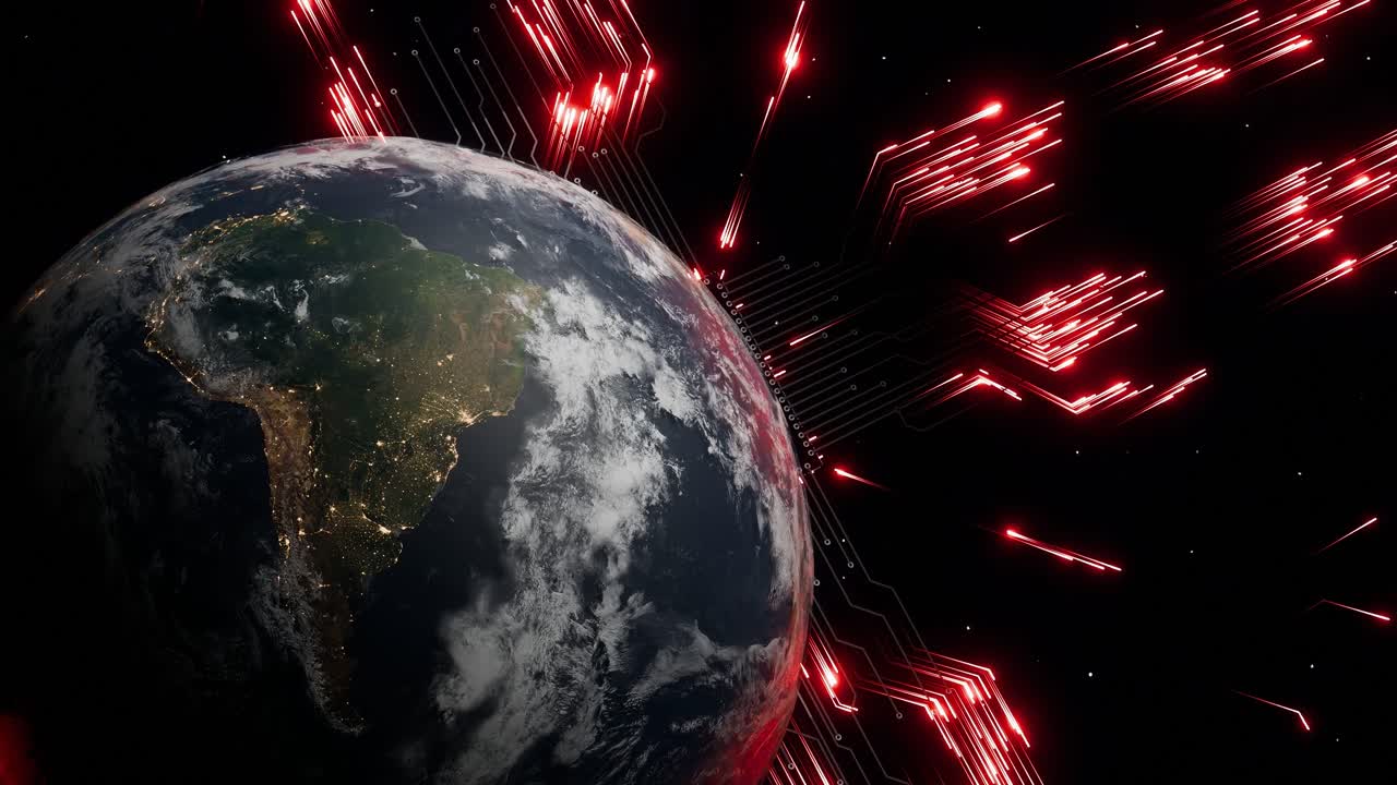 Planet Earth with visible South America at night and glowing red digital arrows in outer space. 3D render global data transmission, cyber communication and digital infrastructure.