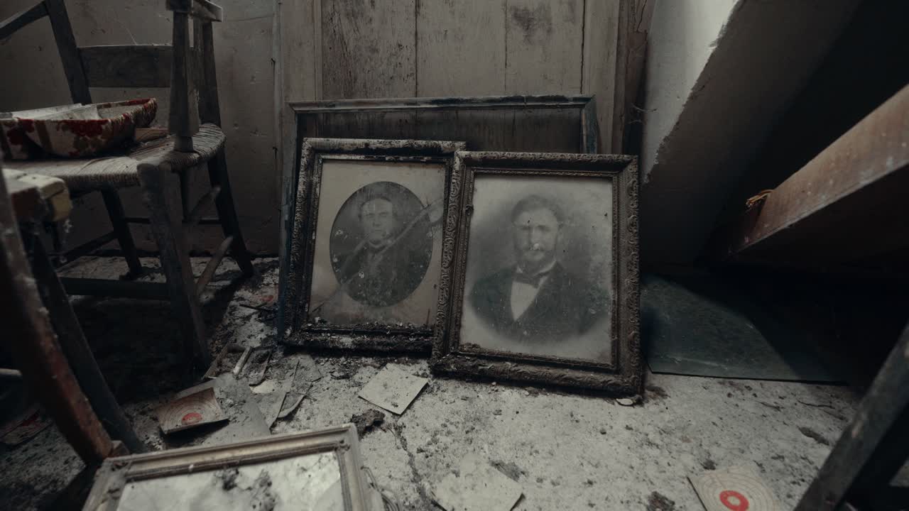 Old Framed Portraits of Men in a Dusty Abandoned Room