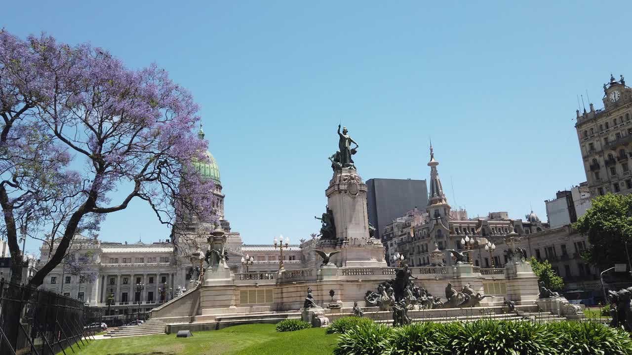 Congressional Plaza of Argentine capital with National violet flowers, jacarandá trees