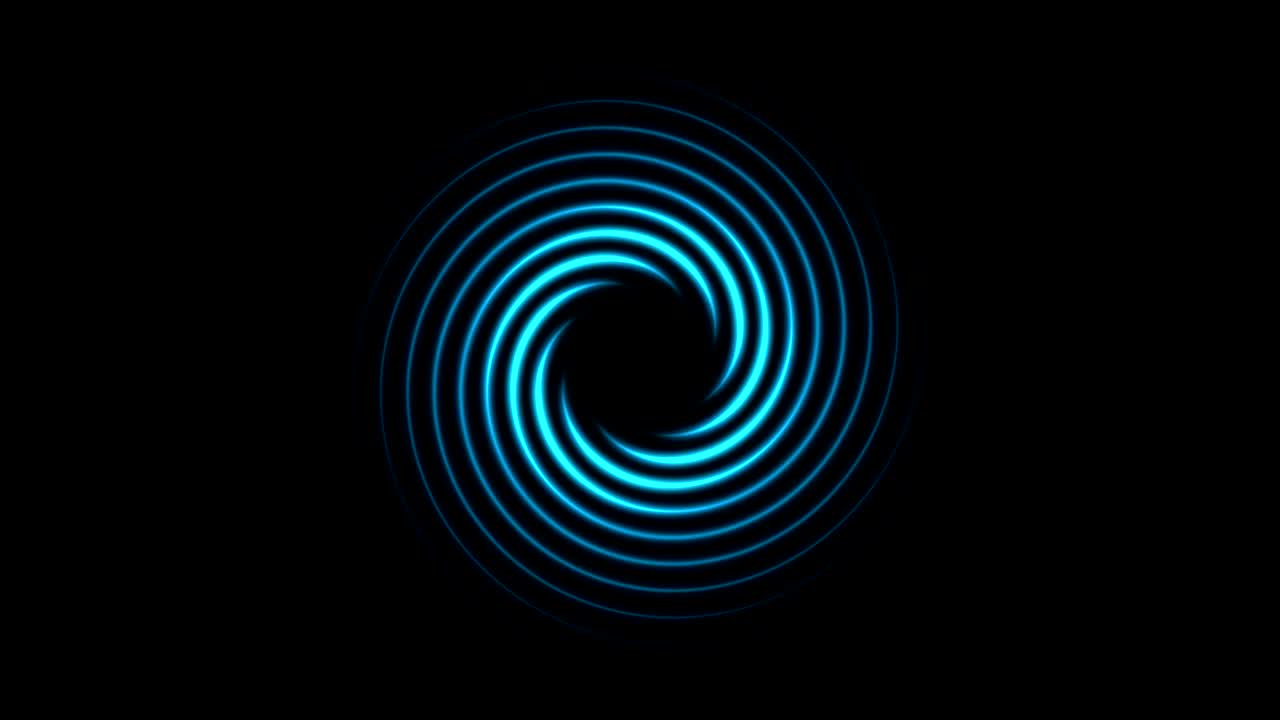 Animation of blue line spiral or black hole with light effect on black sky background