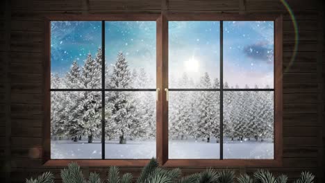 Wooden-window-frame-against-snow-falling-over-multiple-trees-on-winter-landscape