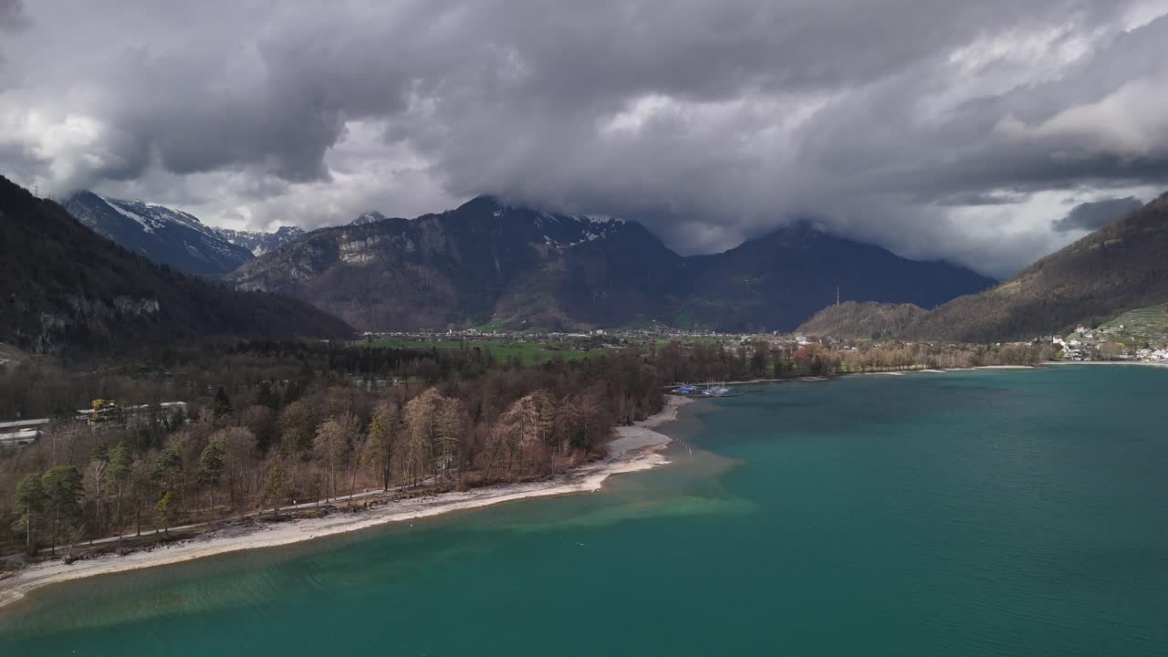 Nature Switzerland turquoise water Lake Walen color Walensee aerial drone