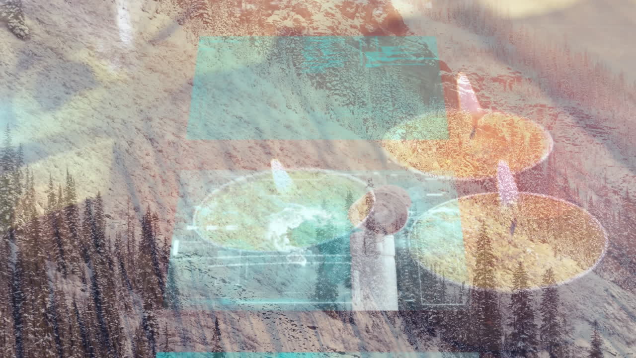 데이터 프로세싱과 램프를 갖춘 다중 화면과 겨울 풍경의 공중 전망