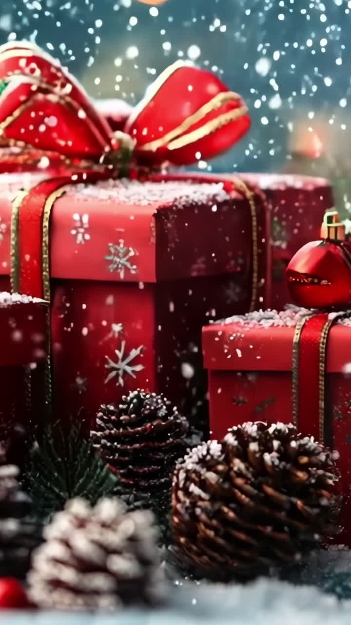 A red box with a red bow sits on top of a pile of pine cones and berries. The scene is set in a snowy landscape, giving it a festive and cozy atmosphere