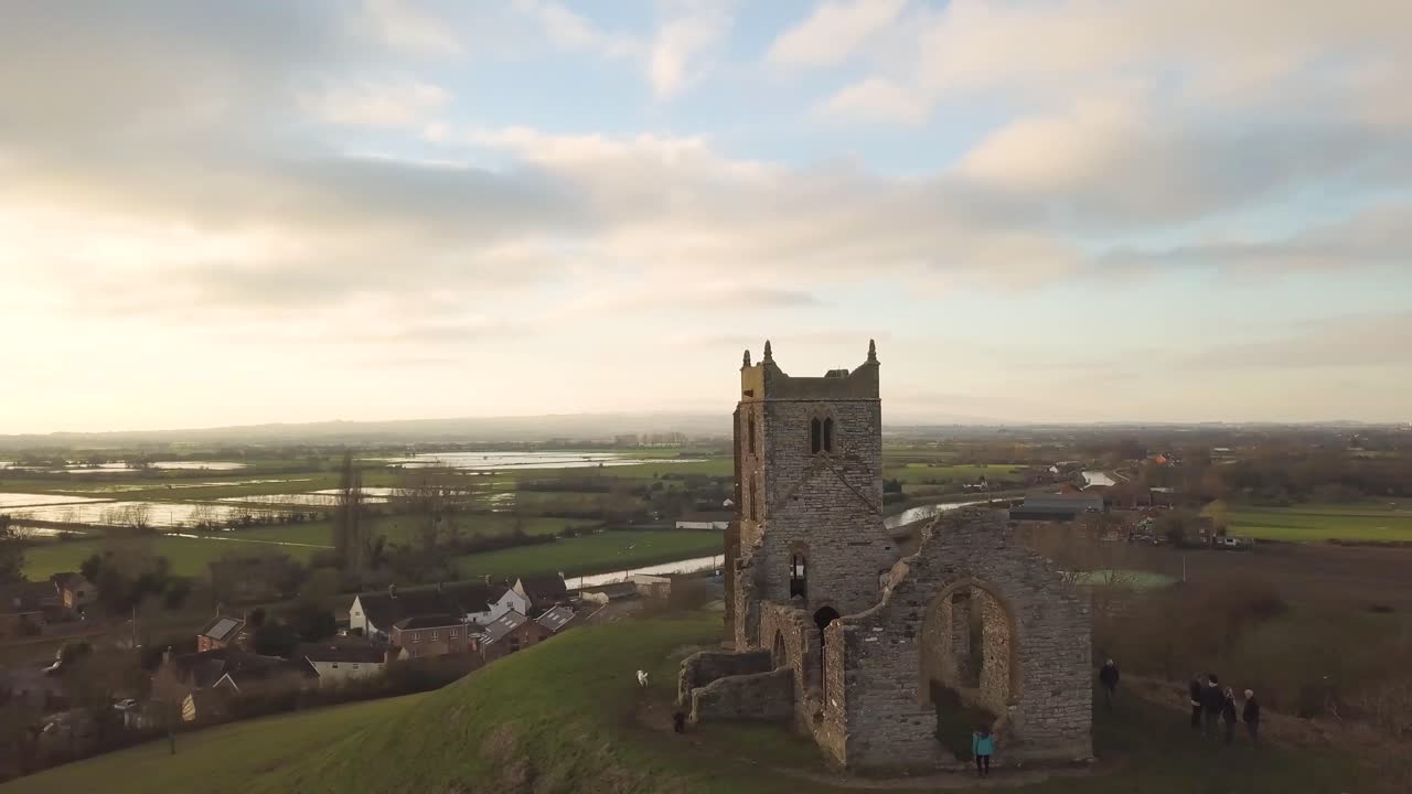 Aerial View of Church Ruins in the English Countryside at Sunset