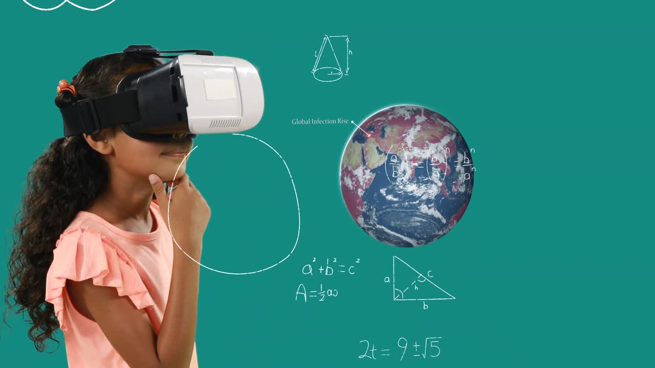 Mathematical equations floating against spinning globe and girl using VR headset