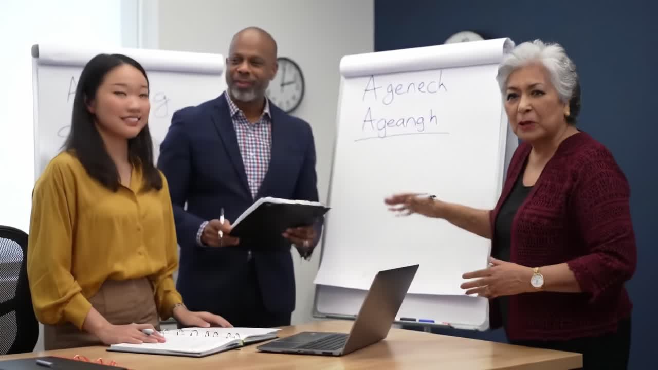 Engaging Team Meeting: Collaborative Discussions on Strategy Enhancement and Professional Development Led by Dynamic Presenters in a Modern Office Environment
