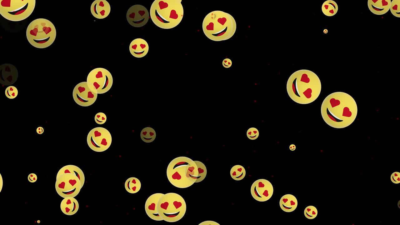 Emoji volante astratta in loop 4K con faccia innamorata, sfondo nero