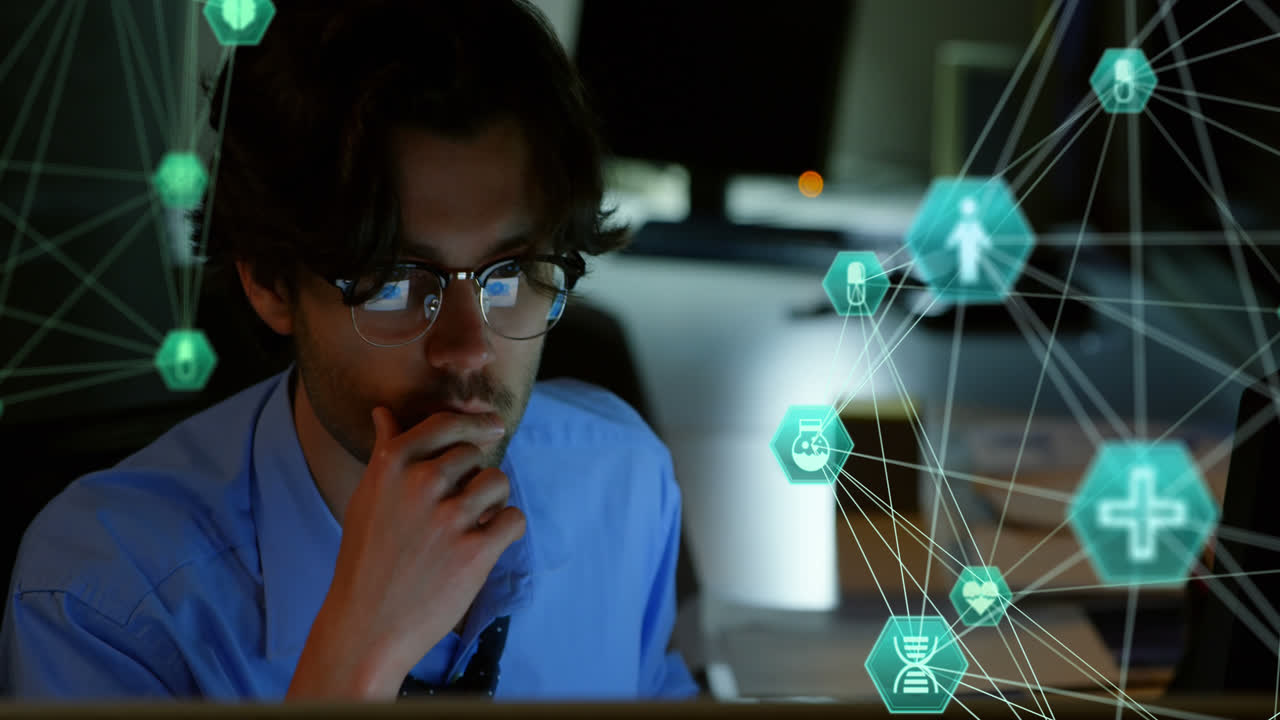 Animation of data processing and globe with medical over biracial businessman in office