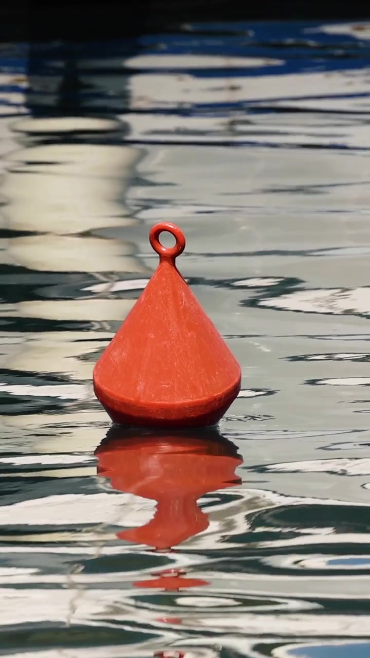 Una boa conica rosso vivace ondeggia dolcemente su acqua calma e riflettente in un'inquadratura verticale