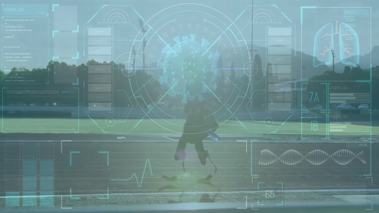 Animation of digital screen over african american man with running blade training at stadium