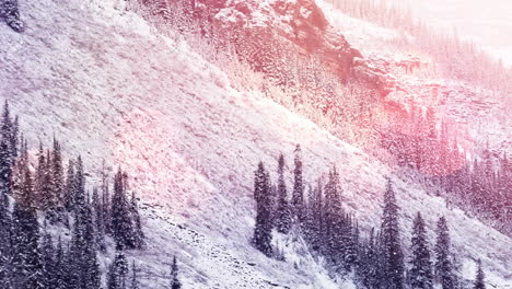 spots of light and snow falling over winter landscape with mountains and trees