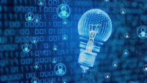 animación de bombillas, iconos de chatbots y procesamiento de datos de codificación binaria
