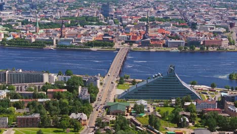 aerial shot with gentle wind forming wave patterns on daugava in sunny riga