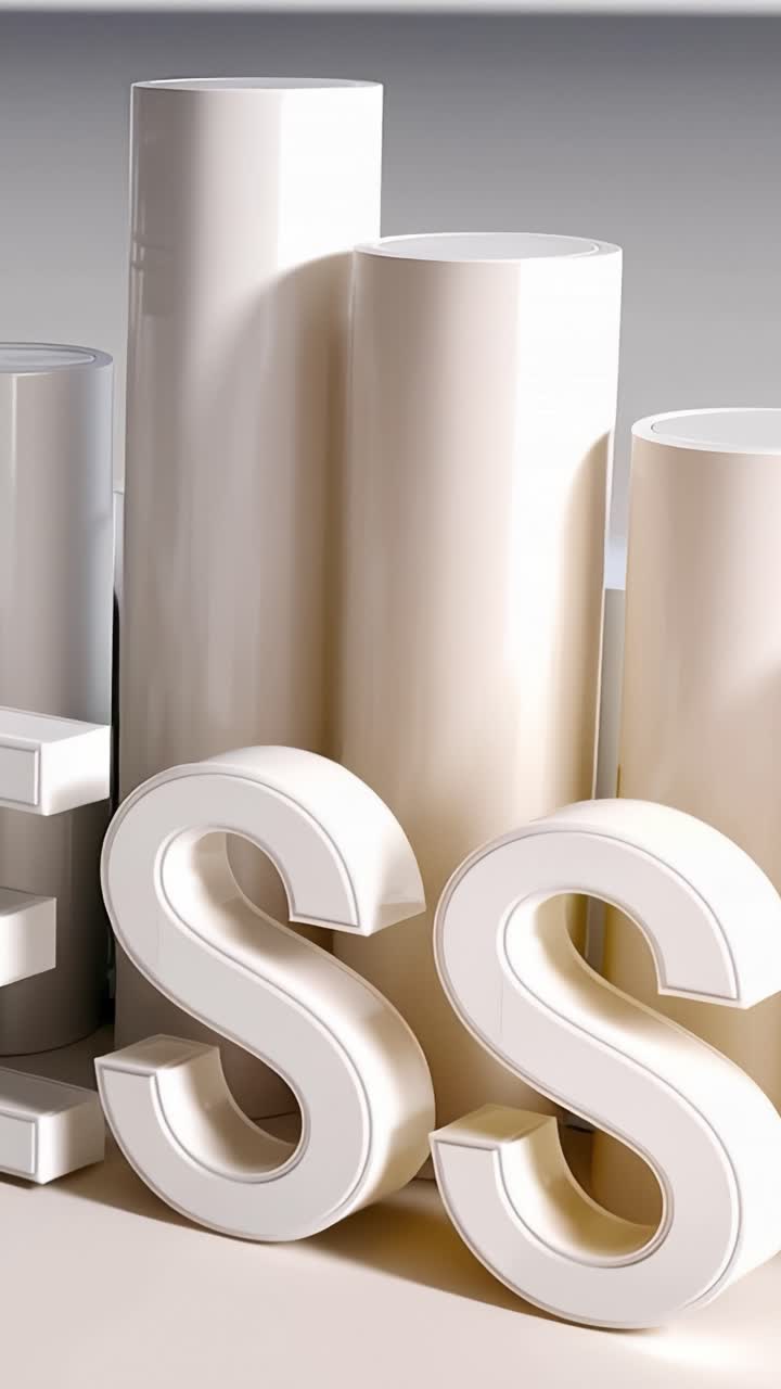 Una moderna esposizione dal design minimalista con eleganti cilindri bianchi e lettere lucide in una disposizione artistica per un'estetica contemporanea.