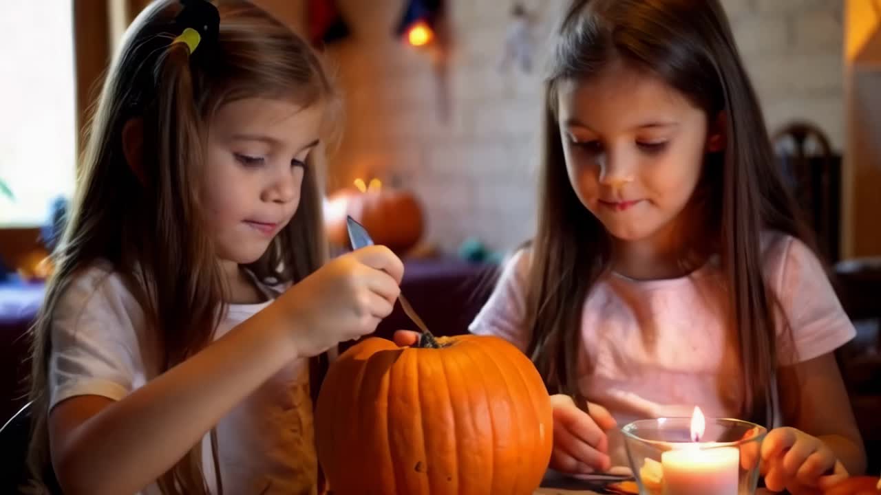 Two young girls are decorating pumpkins with spoons, Halloween tradition