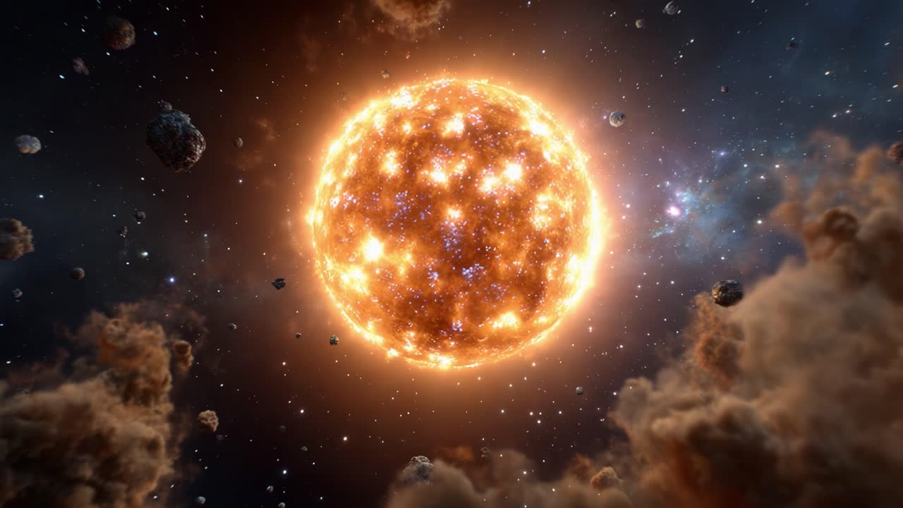 A Stunning Celestial Display: Radiant Star Surrounded by Cosmic Elements in a Breathtaking Cosmic Landscape