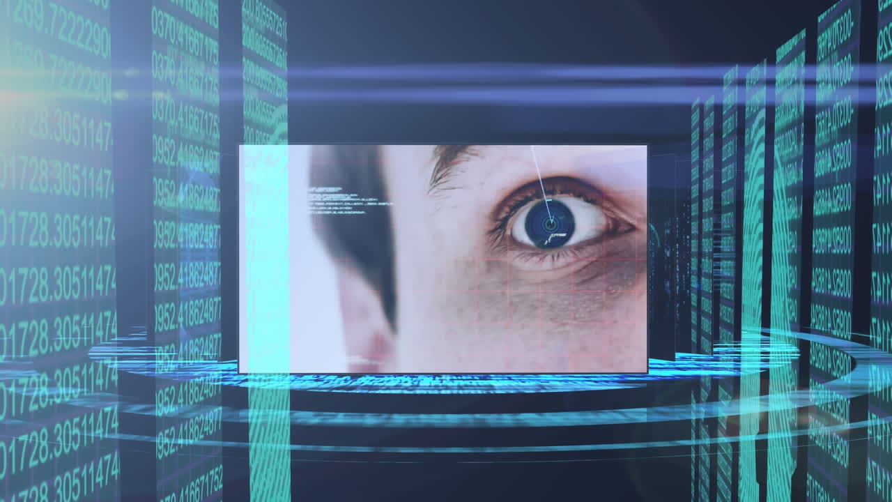 scansione delle mani e degli occhi umani contro l&#x27;elaborazione dei dati di sicurezza informatica