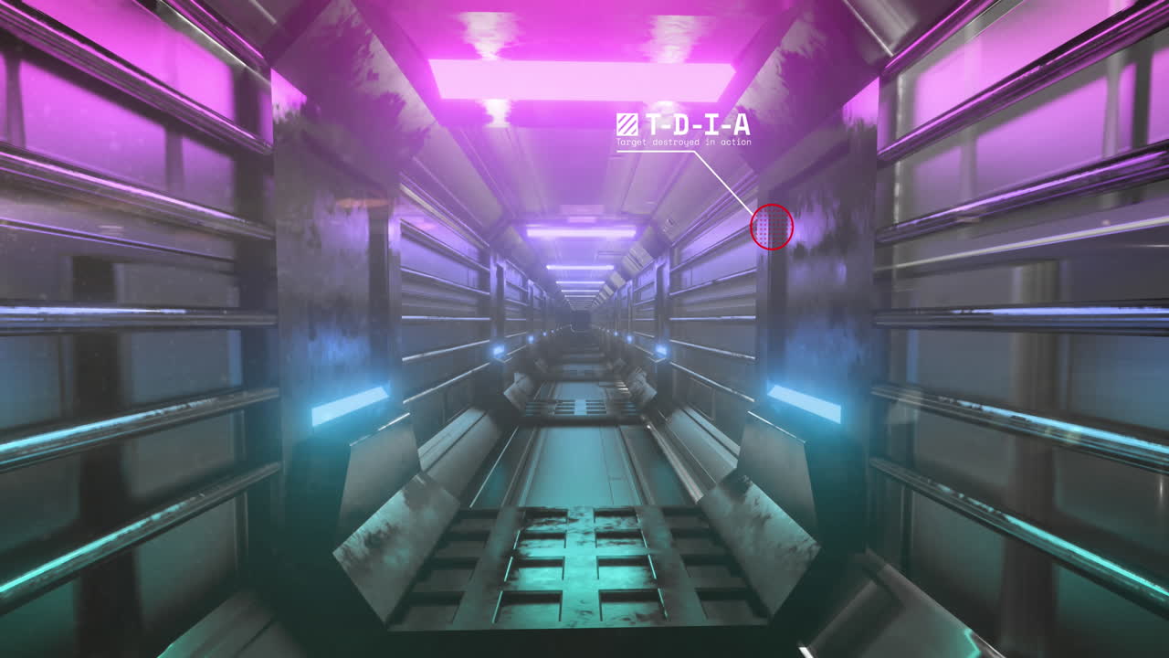 미사일 아이콘을 둘러싼 글자의 애니메이션을 배경으로 조명된 미래의 터널을 통해