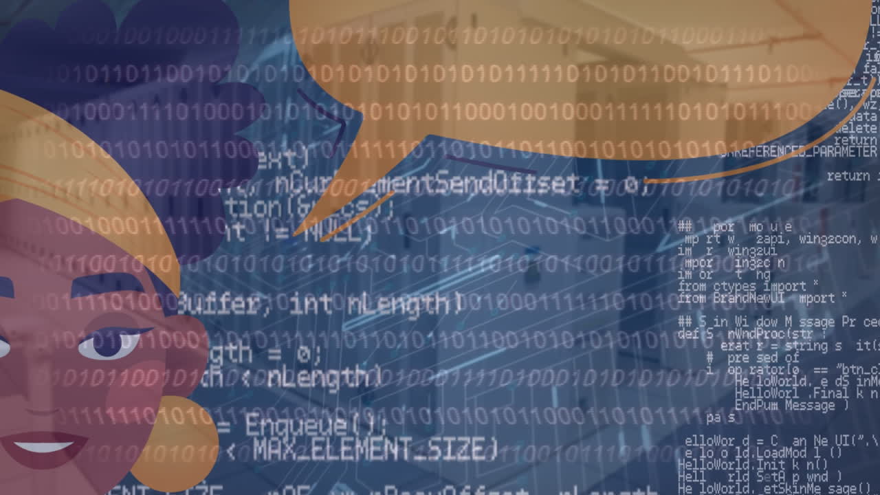 Animation of data processing over african american woman icon and computer circuit board