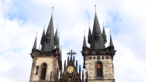 impressive gothic church of our lady before tyn tower with spires close up