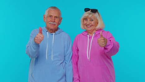 senior stylish grandparents pensioners looking approvingly at camera showing thumbs up, like sign