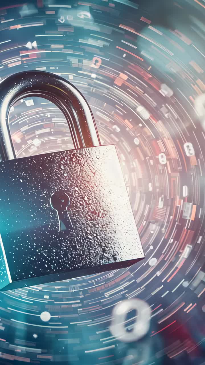 Vertical video: Spinning rings sparking padlock rotating settling in datavortex, signaling security