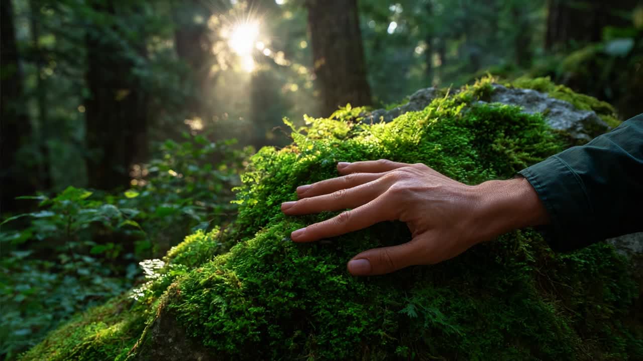 A tranquil moment in a lush forest as sunlight filters through the trees, illuminating vibrant green moss while a gentle hand rests on the mossy surface, showcasing the beauty of nature's harmony