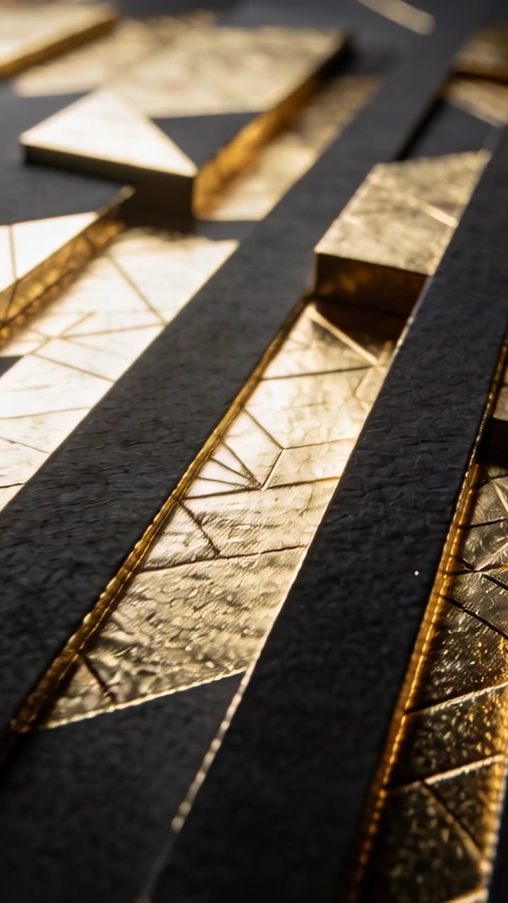 Vertical video: Sliding camera over dark base, revealing hammered gold bars and matte black strips