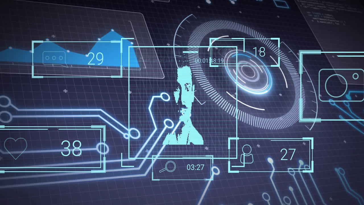 디지털 인터페이스 배경에서 사용자 프로필 및 데이터 분석 애니메이션