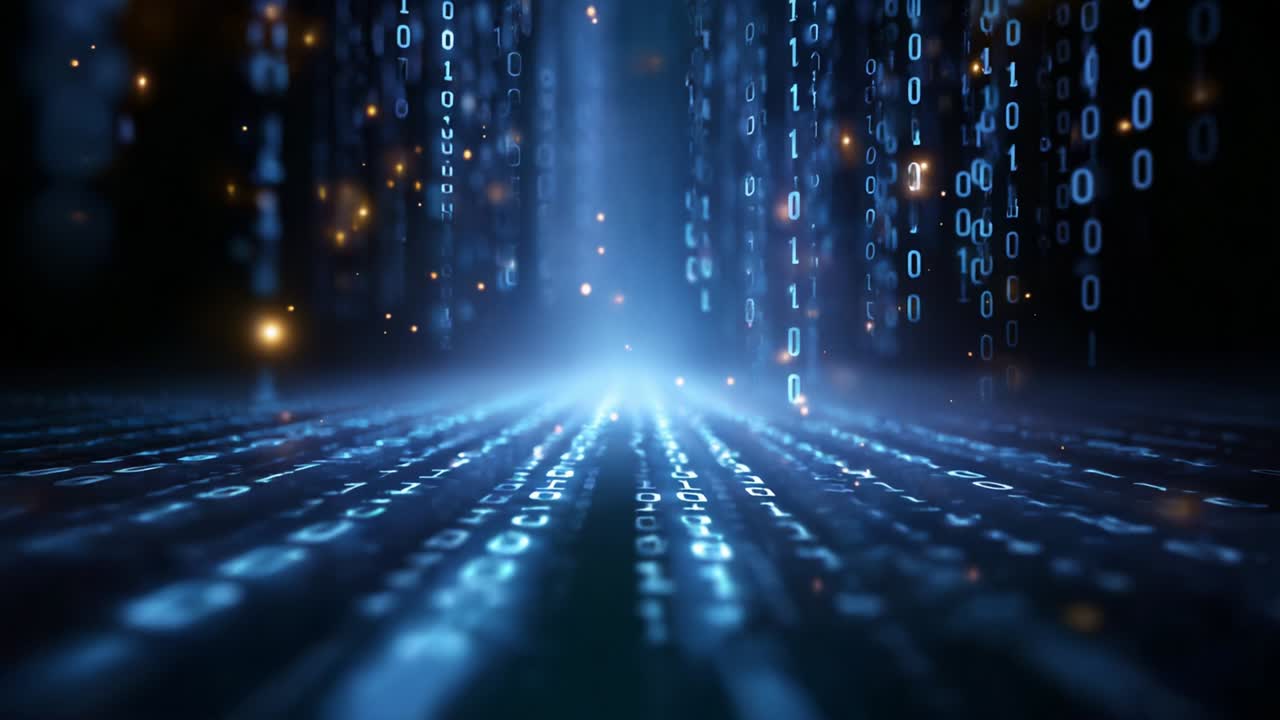 A mesmerizing journey through an infinite digital landscape showcases cascading binary code, shimmering lights, and an ethereal glow that emphasizes the vast depth of the digital universe and data flow