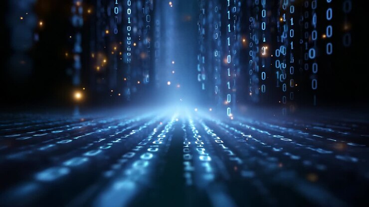 A mesmerizing journey through an infinite digital landscape showcases cascading binary code, shimmering lights, and an ethereal glow that emphasizes the vast depth of the digital universe and data flow