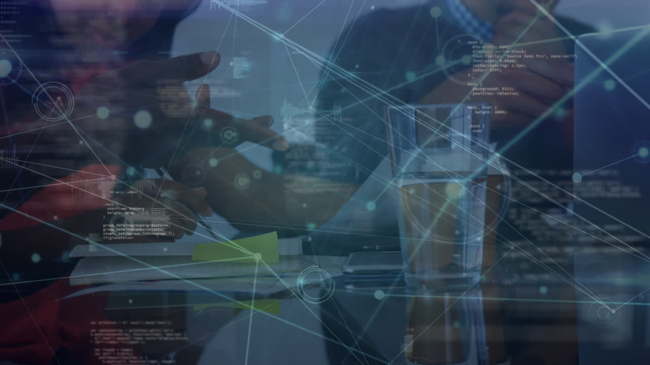 Animation of network of connections against mid section of businesspeople discussing at office