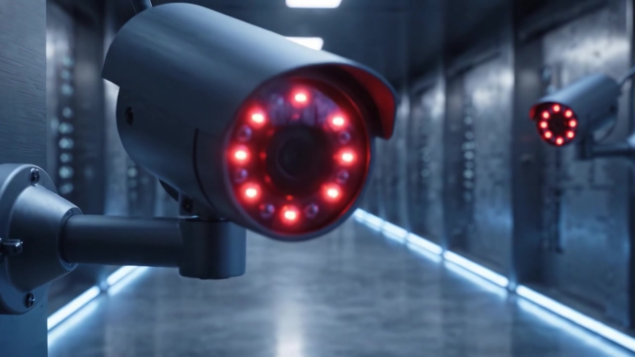 High-Tech Surveillance Camera with Illuminated LED Lights, Capturing Footage in a Modern, Sleek Environment to Enhance Security and Monitoring Efforts.