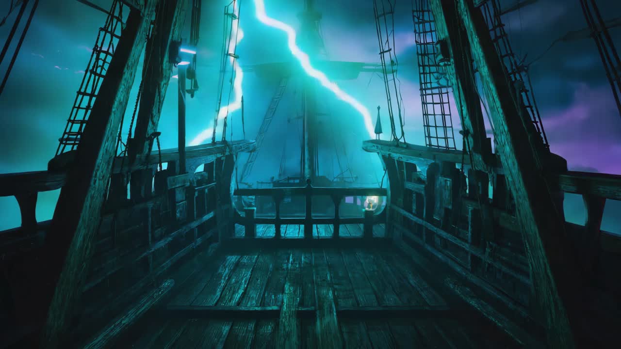 Ship deck during a lightning storm