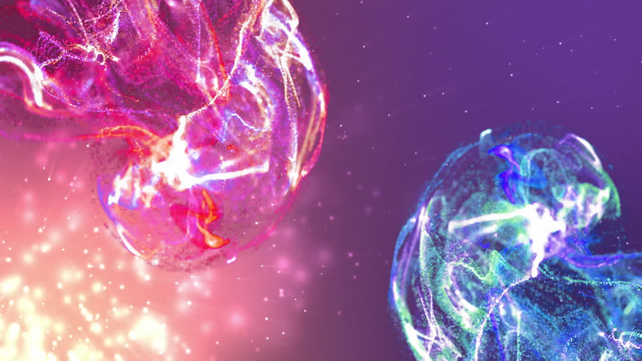 Two swirling energy orbs glowing against cosmic gradient backdrop, showcasing drifting particles