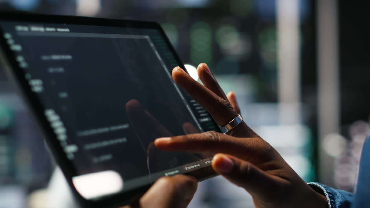 Close up of server room programmer checking coding on tablet