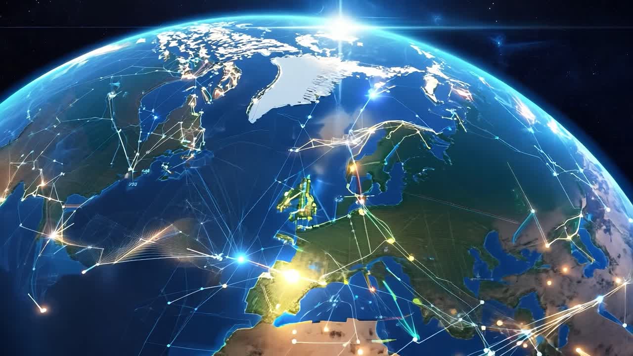 전 세계의 도시들 사이의 연결을 가진 지구의 3d 모델