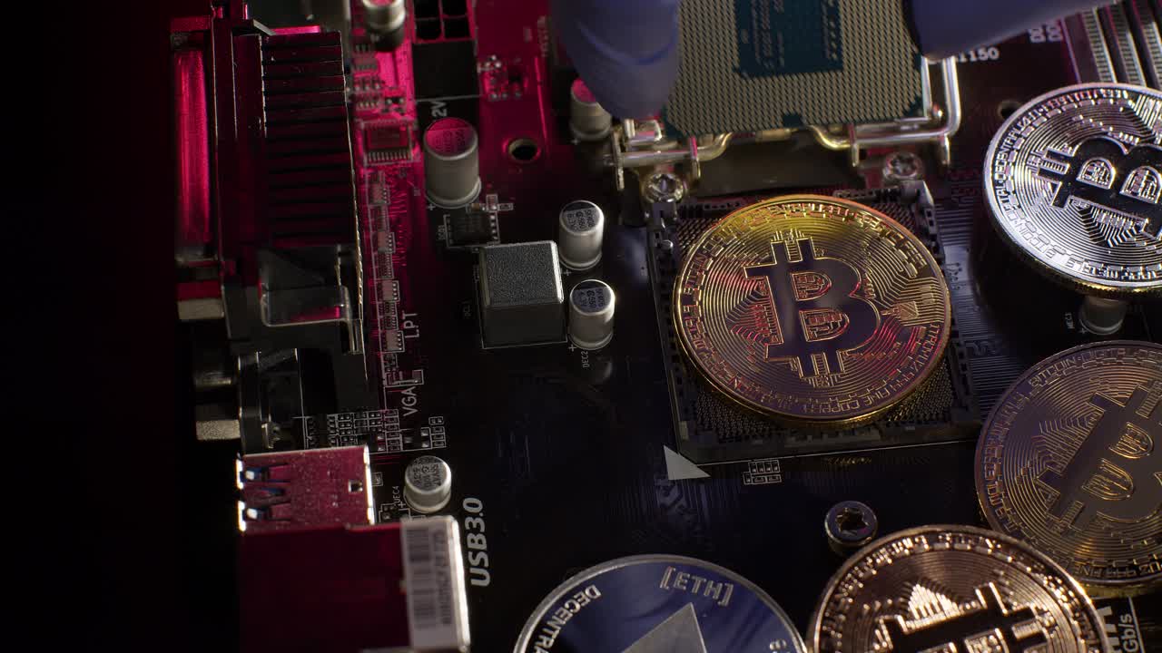 bitcoin btc, monedas ethereum en la placa base de la computadora digital, minería de criptomonedas, futuro sin efectivo