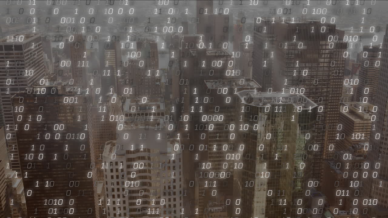 Binary code animation over cityscape with tall buildings and skyscrapers