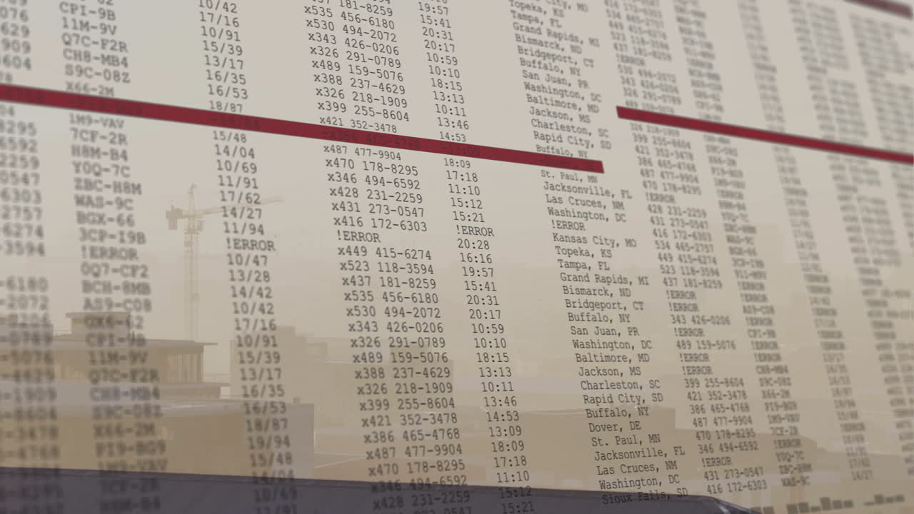 Animation of cityscape with train schedule showing times and destinations