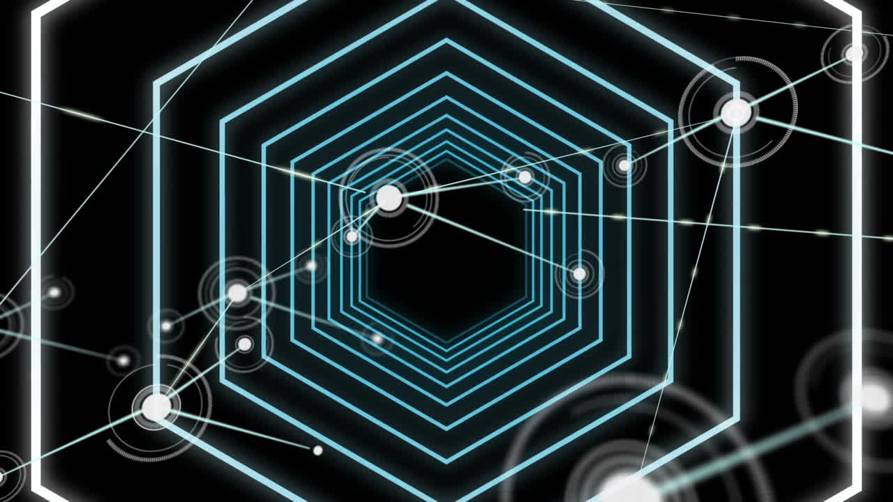 검은 바탕에 네온 파란 빛나는 육각형 터널에 대한 연결 네트워크